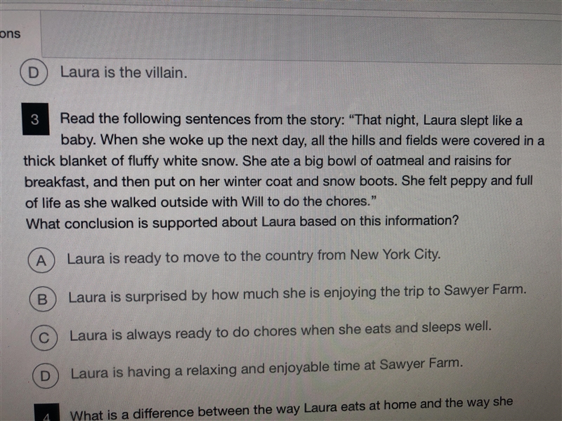 Read the following sentences from the story: "That night, Laura slept like a-example-1