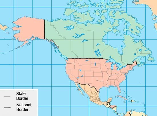 On this map, the border between Canada and the United States is a A) thin black line-example-1