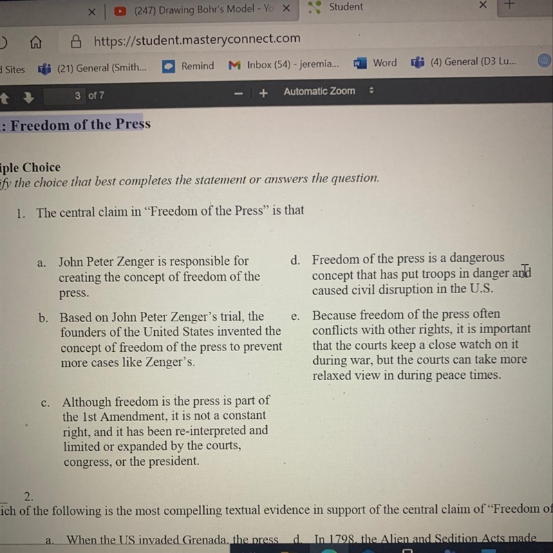 The central claim in “Freedom of the Press” is that-example-1