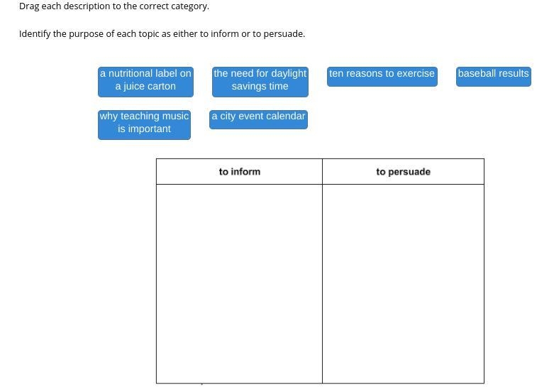 Identify the purpose of each topic as either to inform or to persuade.-example-1