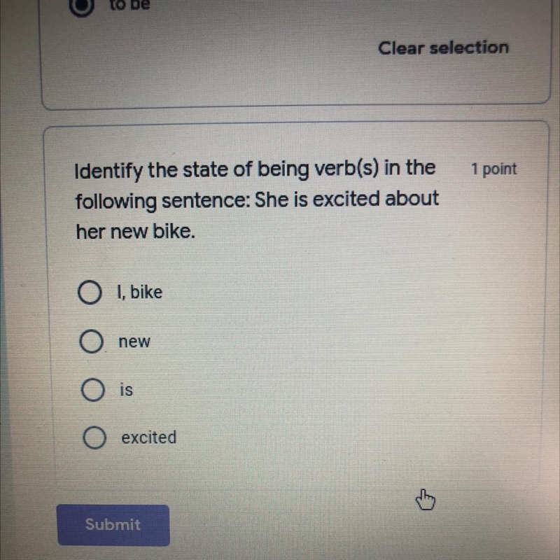 Identify the state of being verb(s) in the following sentence: She is excited about-example-1