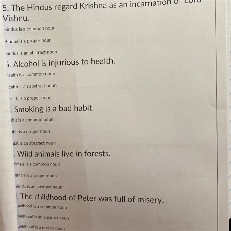 Smoking is a bad habit which noun Wild animals live in forest which noun The childhood-example-1