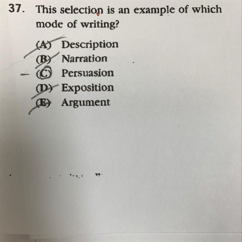 37. This selection is an example of which mode of writing? (A) Description (B). Narration-example-1