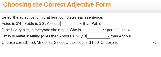 Select the adjective form that best completes each sentence. Astou is 5'4". Pablo-example-1