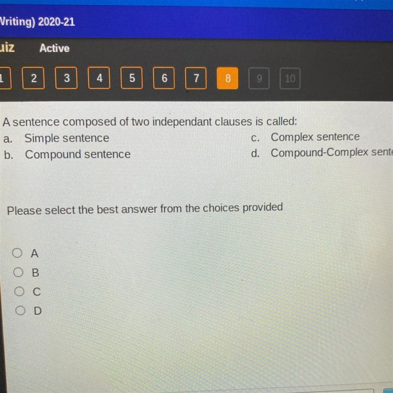 A sentence composed of two independant clauses is called: a. Simple sentence c. Complex-example-1