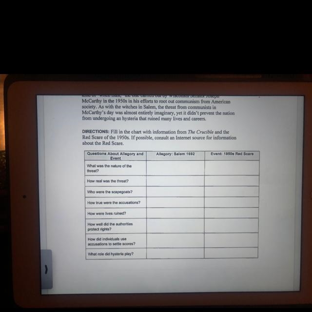Questions About Allegory and Event Allegory: Salem 1692 Event: 1950s Red S What was-example-1