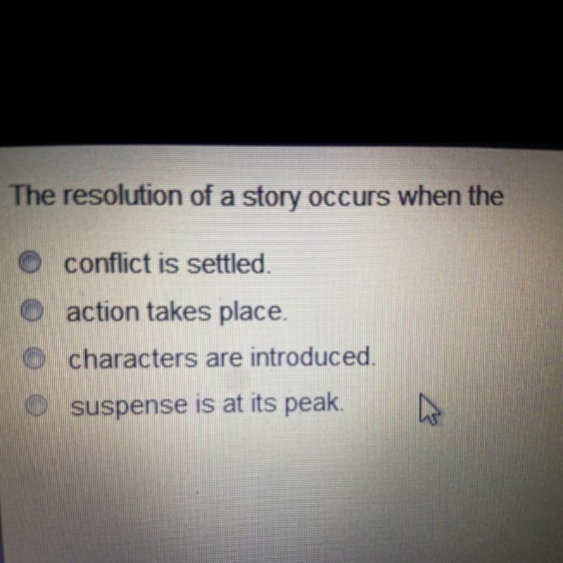 The resolution of a story occurs when the conflict is settled action takes place characters-example-1