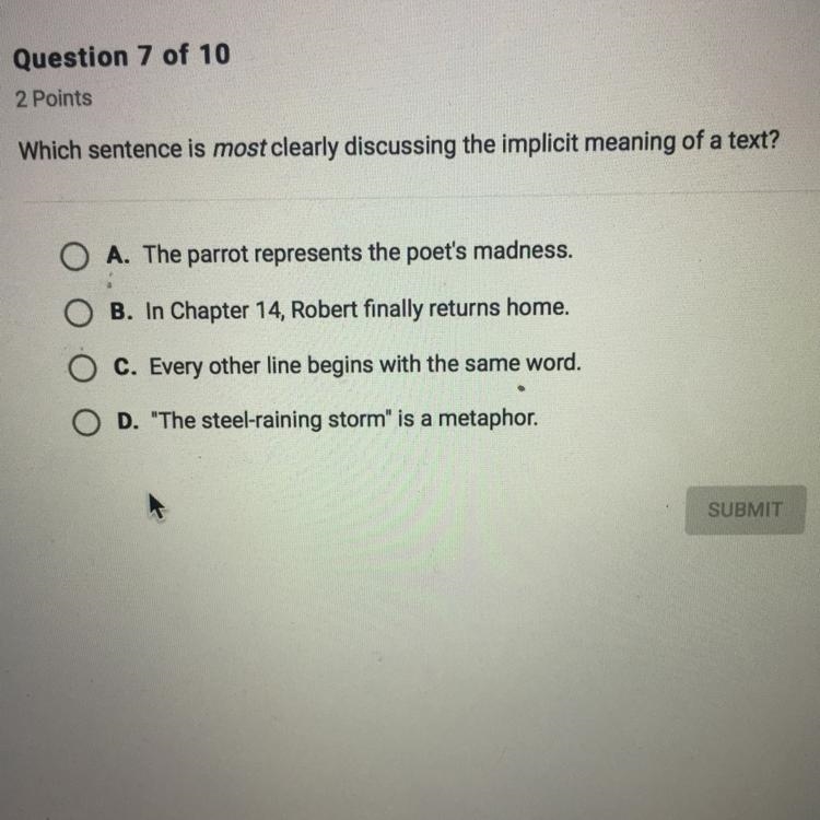 Help me pls :) “which sentence is most clearly discussing the implicit meaning of-example-1