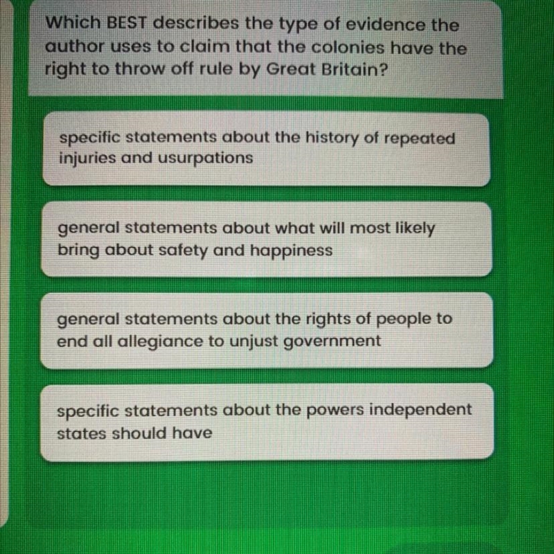 Which BEST describes the type of evidence the author uses to claim that the colonies-example-1