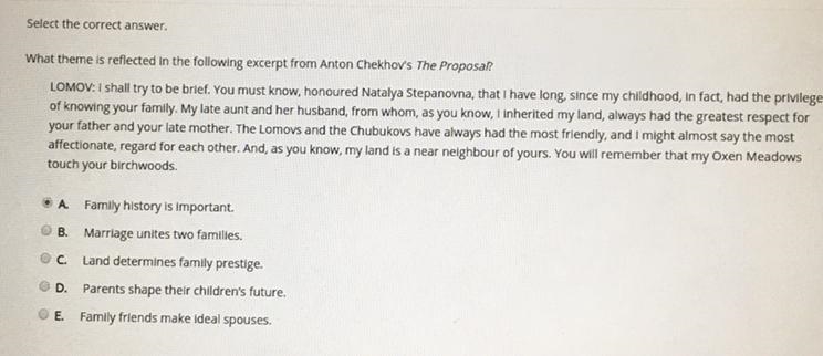 What theme is reflected in the following excerpt from Anton Chekhov’s The Proposal-example-1