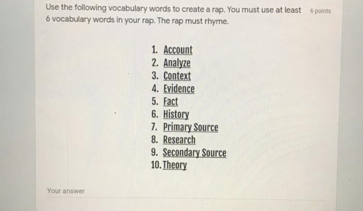 Use the vocabulary words to create a rap. You must use at least 6 vocabulary words-example-1