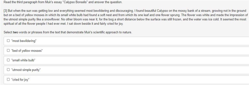 Read the third paragraph from Muir's essay "Calypso Borealis" and answer-example-1