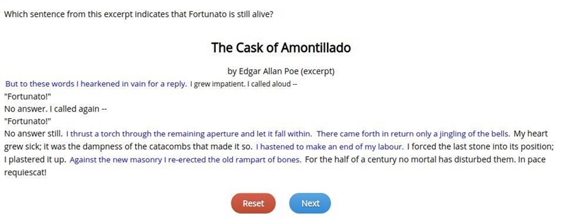 Which sentence from this excerpt indicates that Fortunato is still alive?-example-1