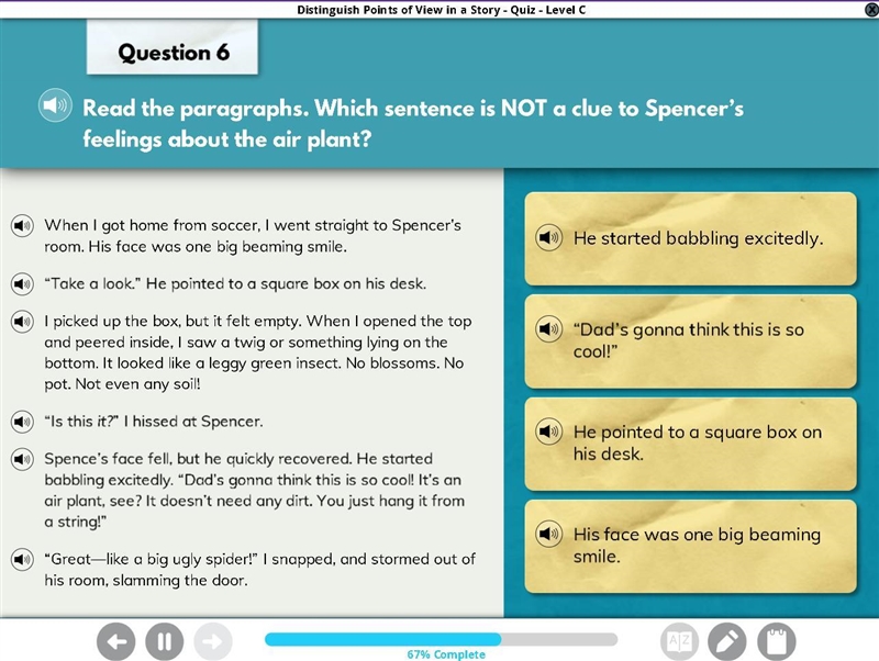 20 POINTS! read the paragraphs. Which sentence is Not a clue to spencer's feelings-example-1