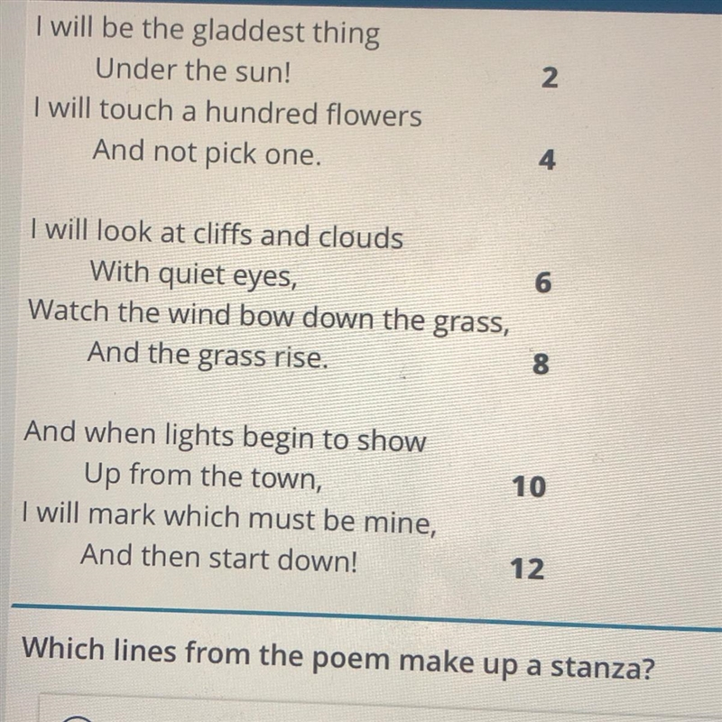 Which lines form the poem make up a stanza? 1. Lines 1-2 2. Lines 4-5 3. Lines 6-8 4. Lines-example-1