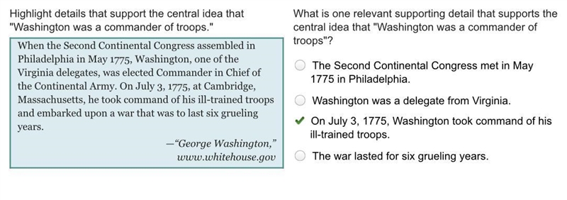 What is one relevant supporting detail that supports the central idea that "Washington-example-1