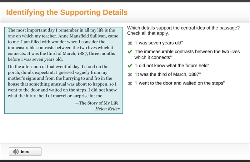 Which details support the central idea of the passage? Check all that apply. “I was-example-1