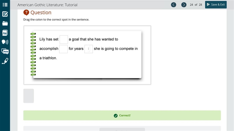 Drag the colon to the correct spot in the sentence. Lily has set a goal that she has-example-1