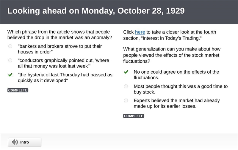 Which statement from the article shows that people believed that the drop in the market-example-1