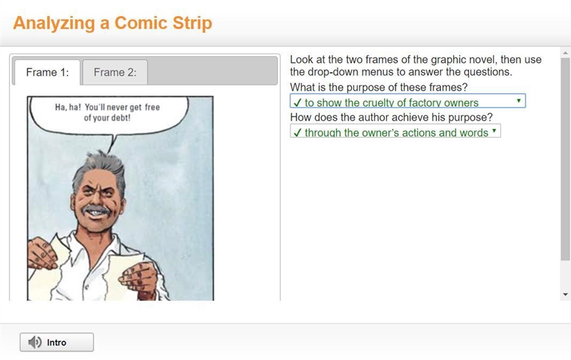 Look at the two frames of the graphic novel, then use the drop-down menus to answer-example-1