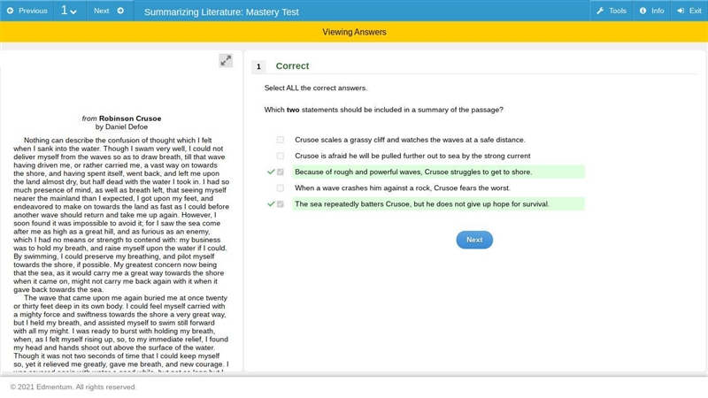 Select ALL the correct answers. Which two statements should be included in a summary-example-1