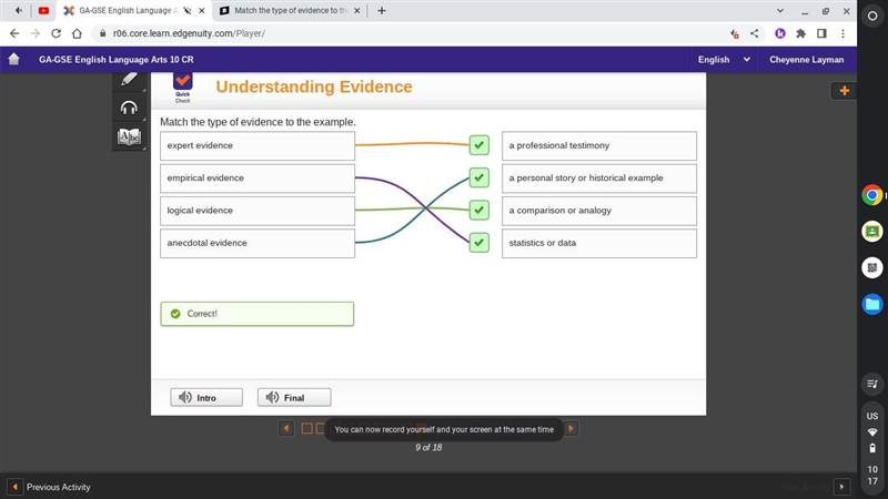 Match the type of evidence to the example. logical evidence a professional testimony-example-1