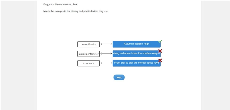 Match the excerpts to the literary and poetic devices they use-example-1