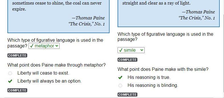 What point does Paine make with the simile? O His reasoning is true. O His reasoning-example-1