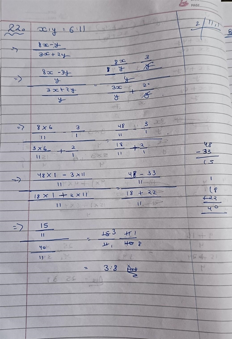 If x:y=6:11, find (8x-3y) : (3x+2y). ​-example-1