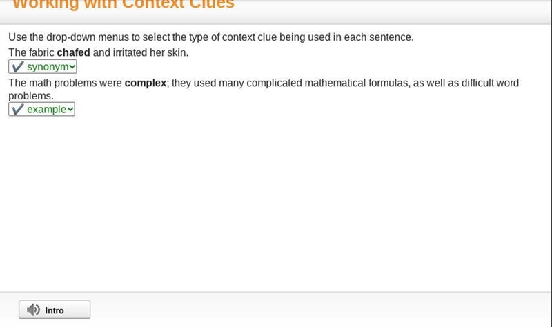 Use the drop-down menus to select the type of context clue being used in each sentence-example-1