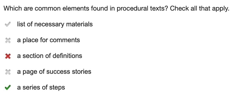 Which are common elements found in procedural texts? Check all that apply. bcl list-example-1