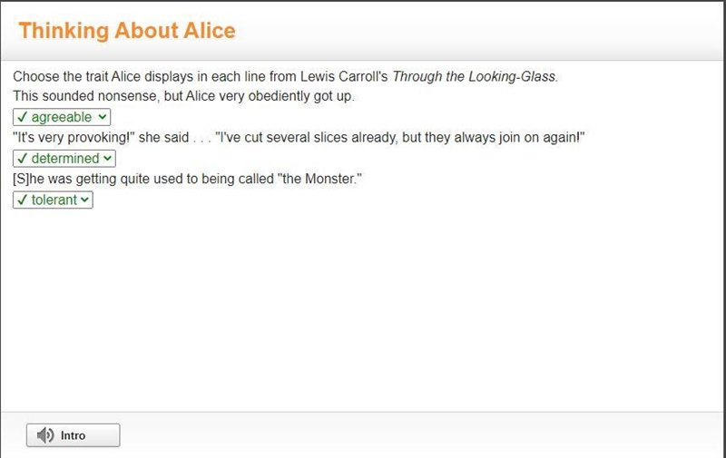 Choose the trait Alice displays in each line from Lewis Carroll's Through the Looking-example-1