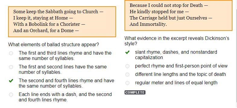 What elements of ballad structure appear? The first and third lines rhyme and have-example-1