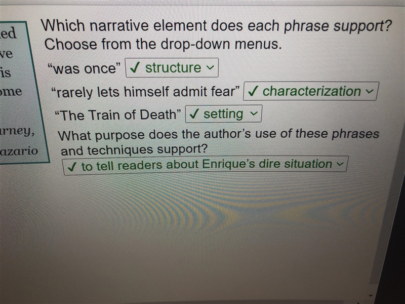 Which narrative element does each phrase support? Choose from the drop-down menus-example-1