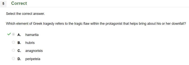 which element of greek tragedy refers to the tragic flaw within the protagonist that-example-1