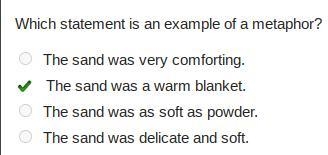 Which statement is an example of a metaphor? a. The sand was very comforting. b. The-example-1