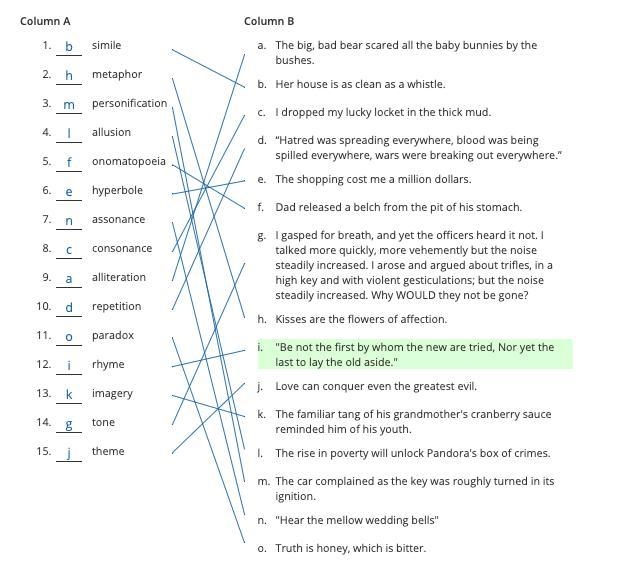 Match the poetry elements with the correct example. Column A Column B 1. simile a-example-1