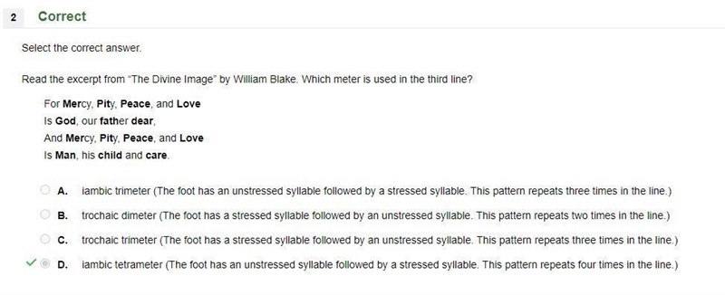 Read the excerpt from “The Divine Image” by William Blake. Which meter is used in-example-1