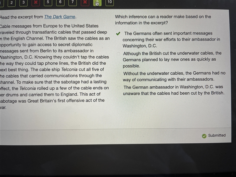 Read the excerpt from The Dark Game. Cable messages from Europe to the United States-example-1