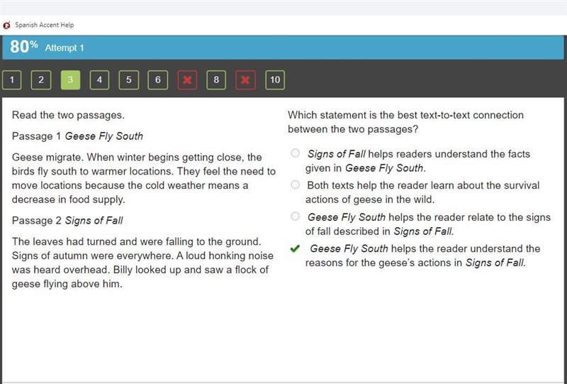 Read the two passages. Passage 1 Geese Fly South Geese migrate. When winter begins-example-1