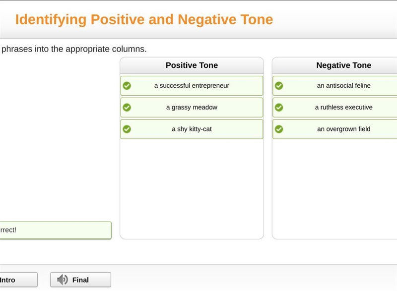 Sort the phrases into the appropriate columns. an antisocial feline Positive Tone-example-1