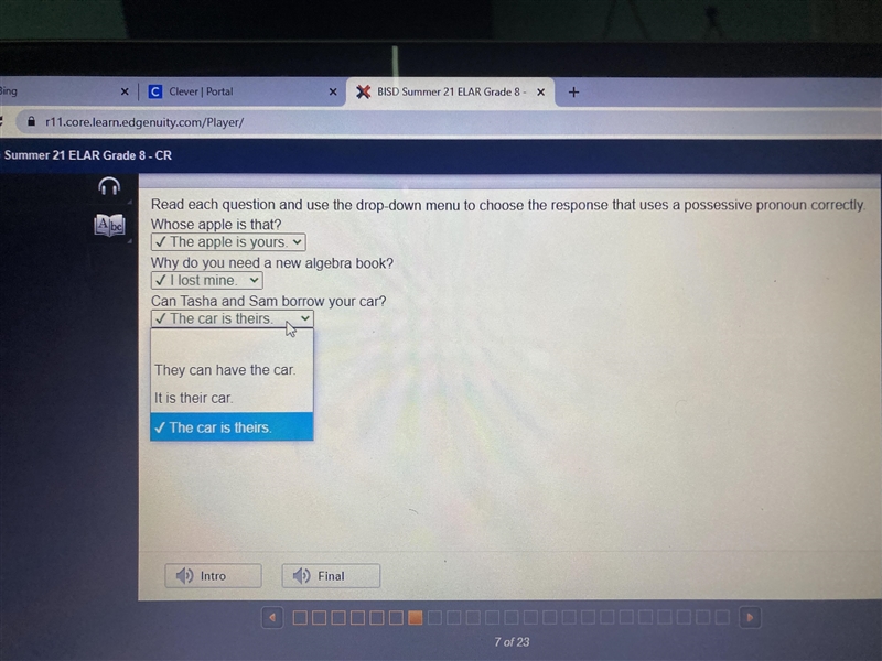 Read each question and use the drop-down menu to choose the response that uses a possessive-example-1