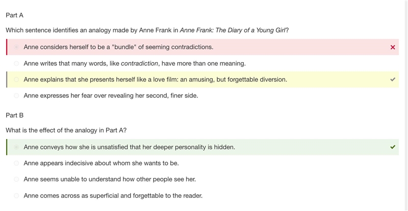 Part A Which sentence identifies an analogy made by Anne in Anne Frank: The Diary-example-1