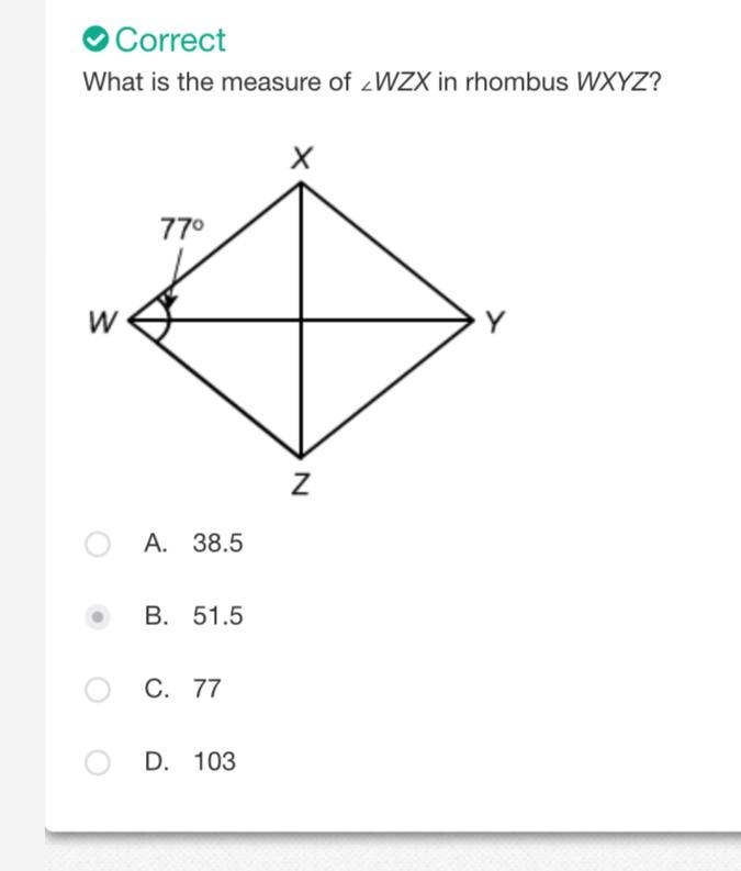 What is the measure of ∠WZX in rhombus WXYZ? Rhombus W X Y Z has segments connecting-example-1