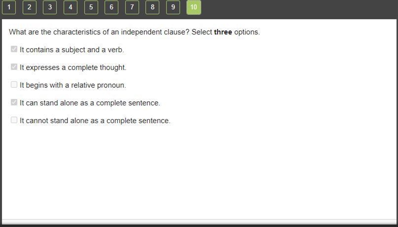 What are the characteristics of an independent clause? Select three options. Albe-example-1