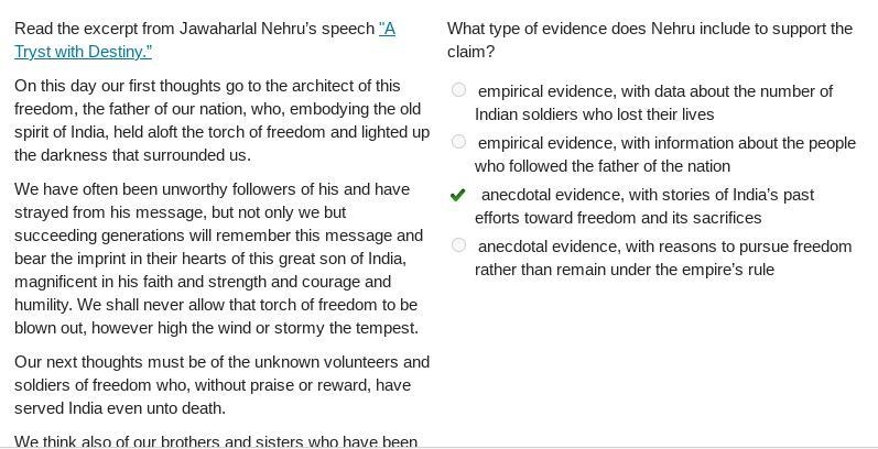 What type of evidence does nehru include to support the claim-example-1