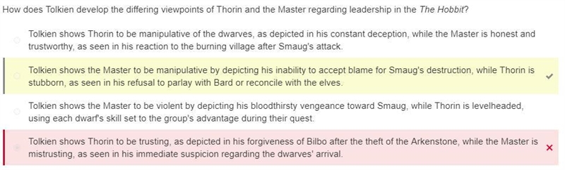 Please halp How does Tolkien develop the differing viewpoints of Thorin and the Master-example-1