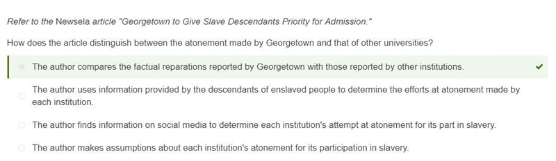 Refer to the Newsela article "Georgetown to Give Slave Descendants Priority for-example-1