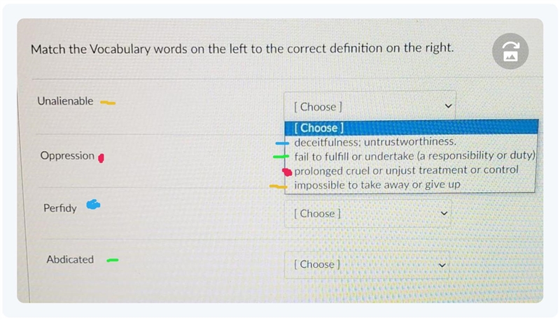 Match the Vocabulary words on the left to the correct definition on the right.​-example-1