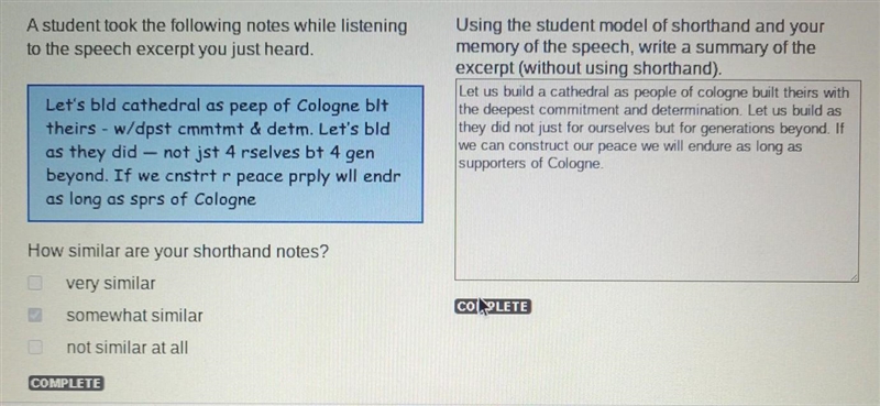 Using the student model of shorthand and your memory of the speech, write a summary-example-1